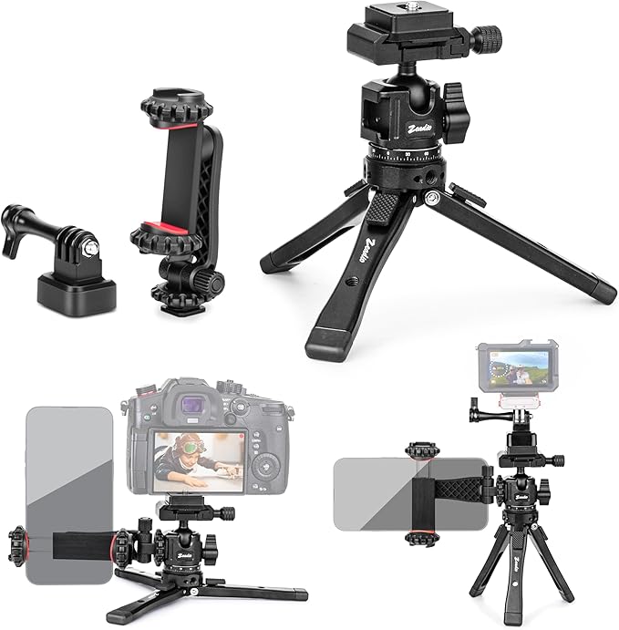 Zeadio Heavy Duty Metal Tripod Kit with Arca Ball Head - Universal Phone Vlogging Kit, Cell Phone Stand & Travel Tripod for iPhone/Android, Camera, Gimbal, Action Cam etc