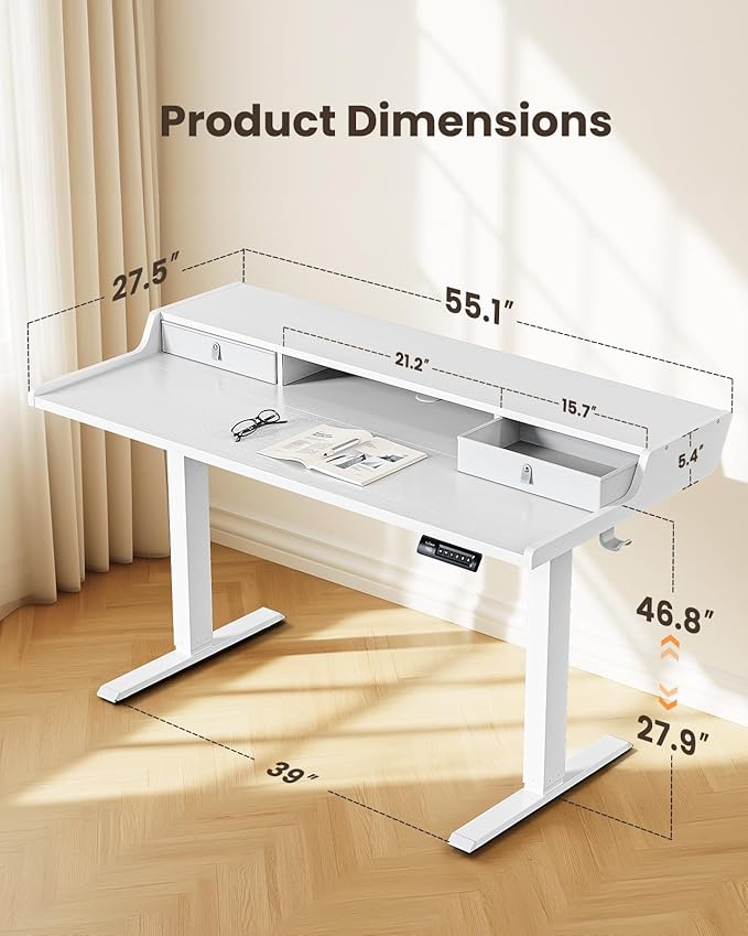 ErGear Electric Standing Desk with Drawers, 55″ x 28″ Gaming Table Compatible Monitor Stand, Stand up Desks, Home Office Height-Adjustable Desk with Storage Shelf, 4 Preset Heights, White