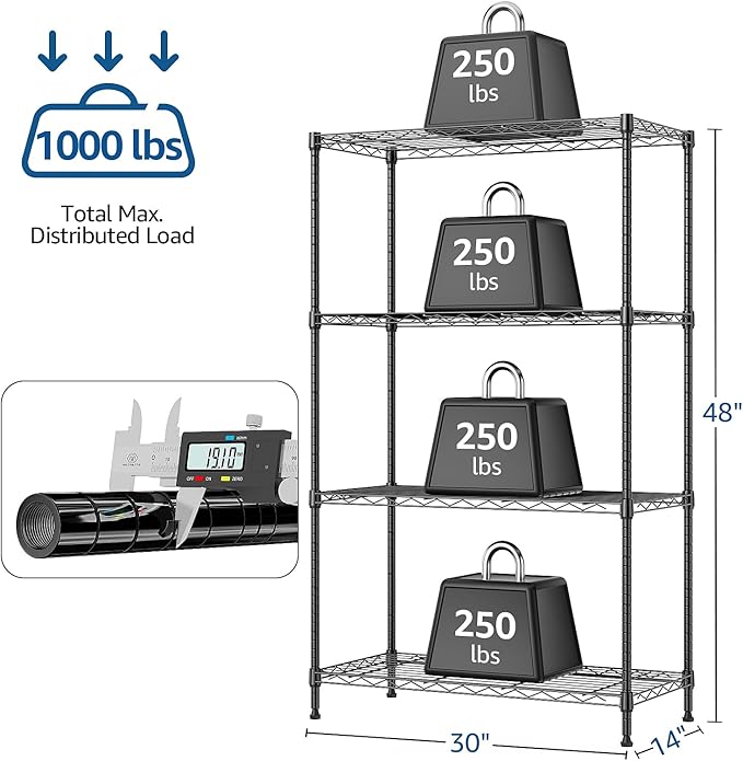 M MZG 1000 lbs 4Tier Shelf Metal Storage Shelves Wire Rack Closet Organizers with Wheel for Garage Kitchen Bathroom Laundry Black 13.7" D x 29.5" W x 47.2" H