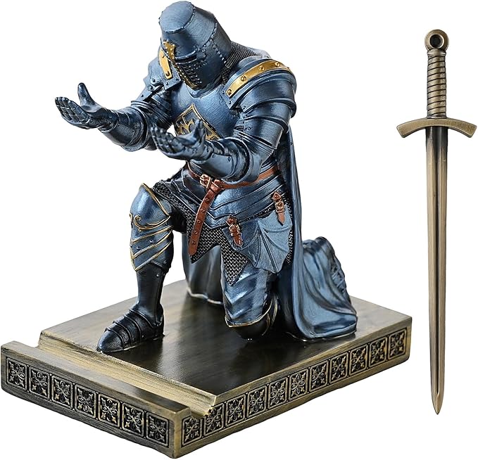 NCQIXIAO Medieval Templar Vanguard Officer Knight Pen Holder Pen Stand Desk Organizers and Accessories Resin Mobile Phone Stand as Gift for Office and Home Desk Organizer (Blue)