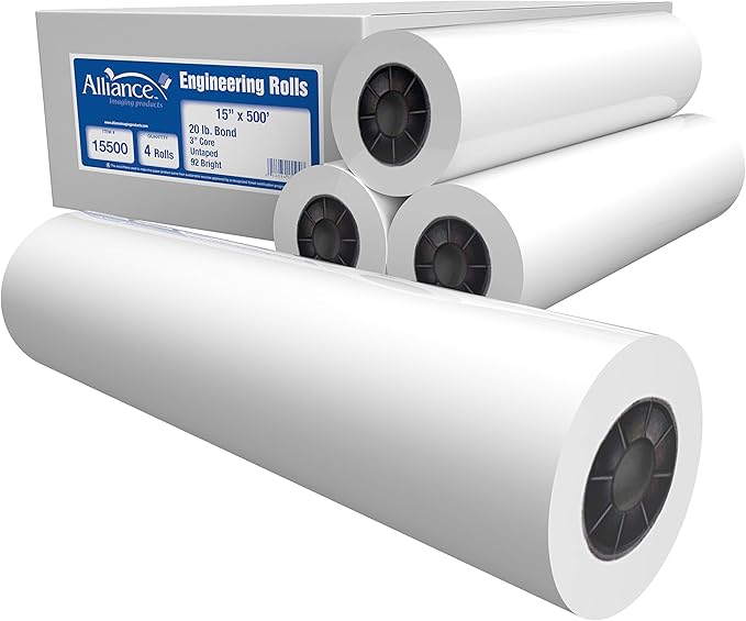 Alliance Wide Format Paper Rolls Bond Engineering (20lb | 4 Rolls, 15 In x 500 FT | 3" Core)