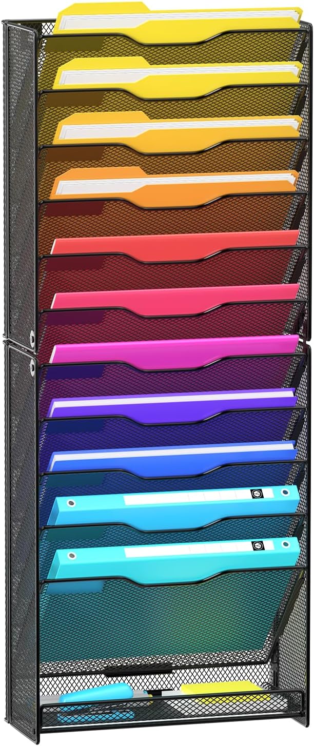 VEESUN 12 Tier Wall File Organizer, Mesh Letter Magazine Mail Wall File Holder Rack Hanging File Organizer With Flat Tray For Office Home, Black