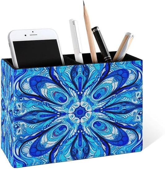 Famame Blue White Abstract Design Pencil Holder for Desk, Leather Desktop Container Pen Cup Storage Study Table Pen Organizer Makeup Brush Holder for Classroom Office Home