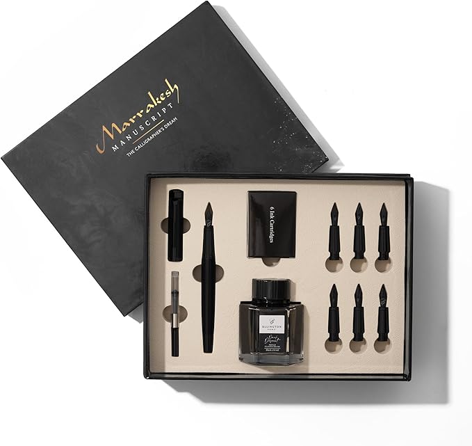 Ellington Pens Luxury Calligraphy Set - Premium Fountain Pen with 6 Nibs, 50 ml Black Ink Bottle, 6 Cartridges, Converter, Elegant Gift Box – Perfect for Drawing, Writing, Gifting (The Stealth)
