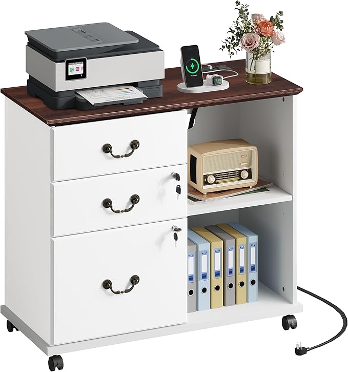 DEVAISE 3 Drawer File Cabinet,Wood Lateral Filing Cabinet with Lock & Charging Station,Rolling Printer Stand with Storage for Home Office,White
