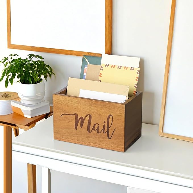 LBEMEY Mail Holder Storage Organizer Box,Acacia Wood Mail Organizer Countertop,Desktop Letters, Bills, Notes and Postcard Bin for Home Office Dorm Room