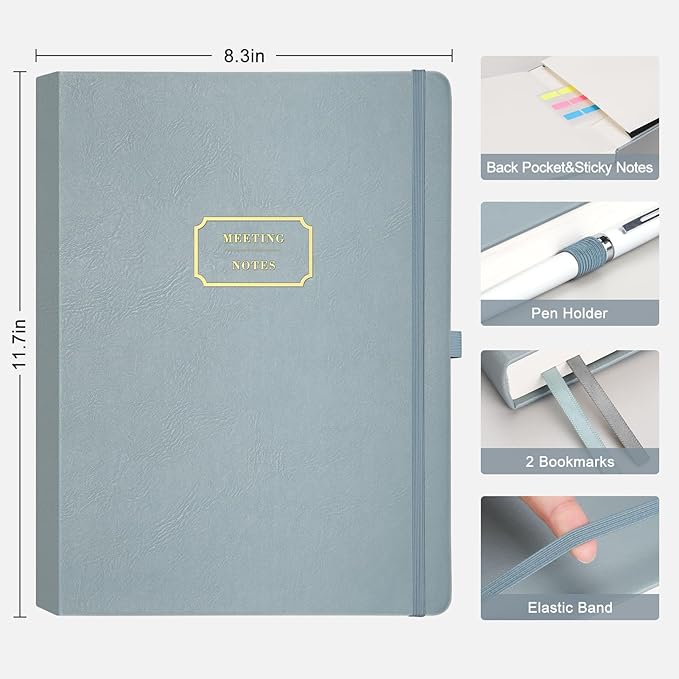 EMSHOI Meeting Notebook for Work with Action Items - 240 Pages A4 Large Project Planner Agenda Organizer Work Notebook for Women Men Office Business, PU Leather Hardcover, 8.5" x 11", Gray Blue