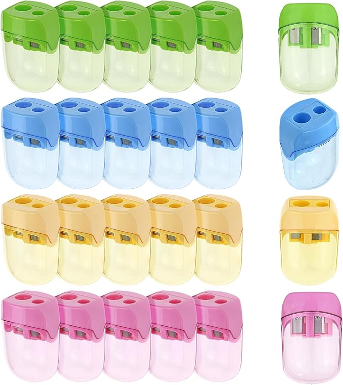 Small Pencil Sharpener for Kids, BOPART 24pcs Colored Pencil Sharpeners Manual Handheld Pencil Sharpener in Bulk for School Classroom Home Office, Dual Holes Sharpener Work on Crayon or Makeup Pencils
