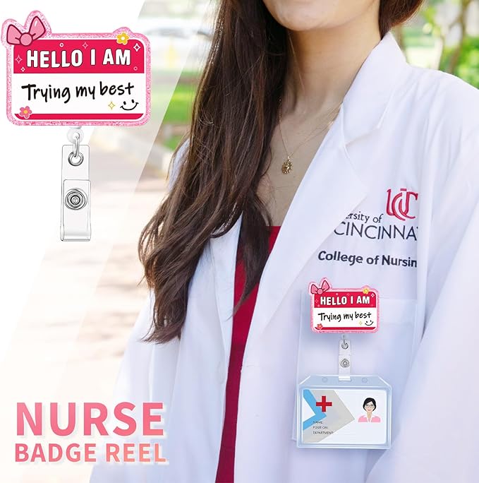 Aoryalps Trying My Best Retractable Badge Reel Holder Retractable with ID Clip for Nurse Nursing Name Tag Card Nursing Student Teacher Doctor Medical Assistant Work Office Clip-Gifts for Nurse