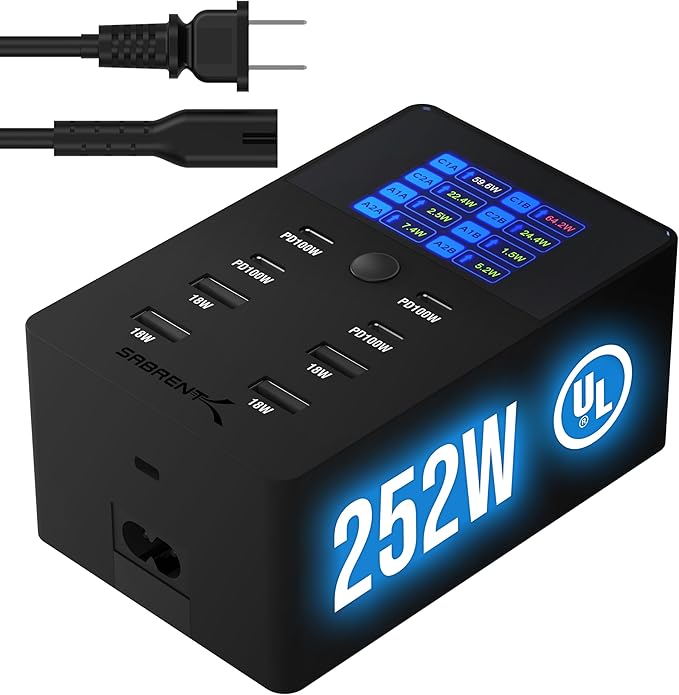 SABRENT Charger, 252W 8-Port Desktop Charging Station w/Real-Time LCD Display, UL Certified | USB C/A, Compatible with MacBook, iPhone, Samsung Galaxy, and Tablets