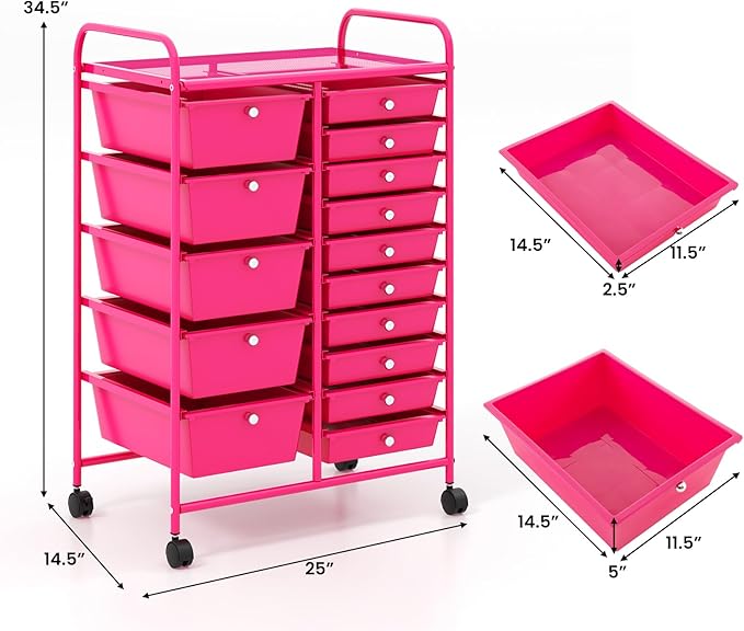 GLACER 15 Drawers Rolling Cart, Storage Cart with w/Removable Drawers & Steel Frame, Multipurpose Organizer Cart w/Sleek Handle, Utility Cart on Lockable Wheels for Home, School, Office (Hot Pink)