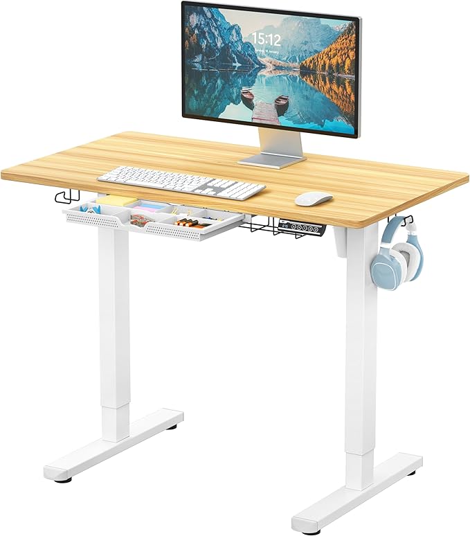SHW 40-Inch Electric Height Adjustable Standing Desk with Drawer, Memory Preset and Cable Management Tray, Oak