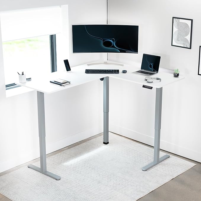 VIVO Electric Corner 63 x 55 inch L-Shaped Standing Desk, Memory Height Adjustment, White Top Gray Frame, DESK-E3CTGW