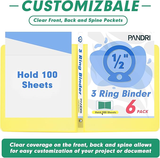 3 Ring Binder 0.5 Inch, PANDRI 6 Pack 1/2-Inch Binder Fits Letter Size 8.5'' x 11'' Paper, Versatile Binders for Office Home School, 2 Pockets, Assorted 6 Color