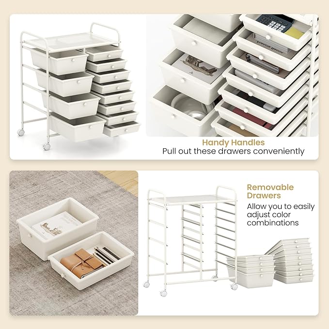 Giantex 12 Drawer Rolling Cart with Drawers, Storage Organizer Cart for Classroom Office School Teacher, Mobile Drawer Cart for Tools, Crafts, Small Printer, Ivory