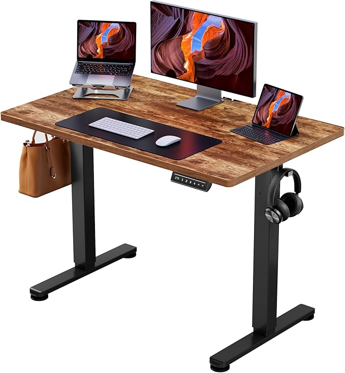 ErGear Height Adjustable Electric Standing Desk, 40 x 24 Inches Sit Stand up Desk, Small Memory Computer Home Office Desk with Two-Piece Desktop (Vintage Brown)