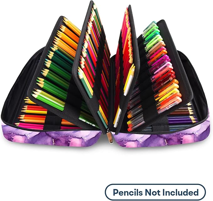 YOUSHARES 300 Slots Colored Pencil Bag - Handy Large Capacity Oxford Multi-Layer Zipper Pencil Bag for Prismacolor Colored Pencils & Gel Pen (Marble Purple)