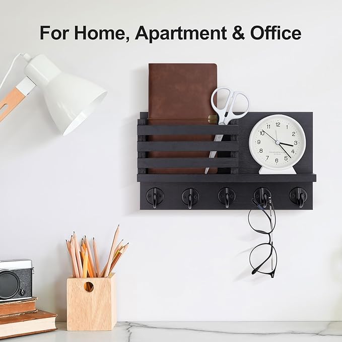 Lwenki Key Holder for Wall – Decorative Wooden Mail Holder and Key Shelf with Mounting Hardware, Installation Guide – Paulownia Wood with 5 Metal Key Hooks (11.8” x 6.7” x 2.8”)