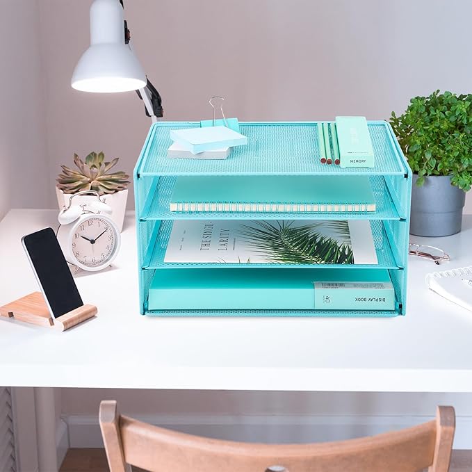 EASEPRES Paper Organizer Tray, 3 Tier Mesh Desk File Organizer Letter Sorter Holder for Home Office, Blue