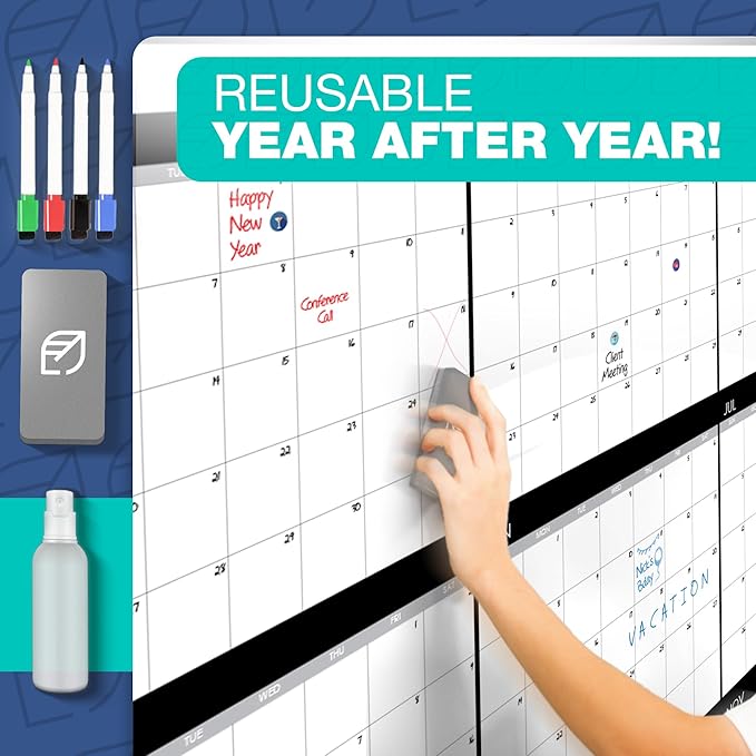 Large Dry Erase Calendar for Wall, 48" x 74" - Undated, Yearly, Reusable - Full 12 Month Year - Includes Markers, Eraser & Accessories