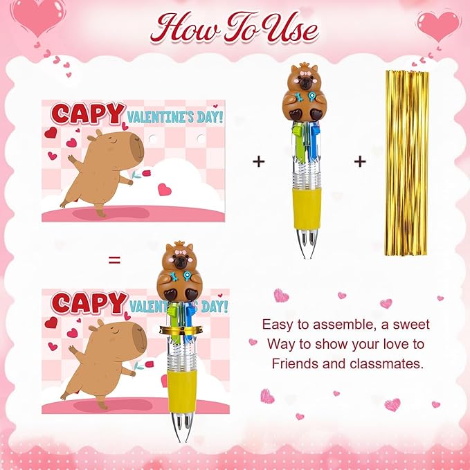 Pajean 24 Sets Valentine's Day Gifts for Classroom Exchange Cute 4-in-1 Multicolor Ballpoint Pens with Cards Valentines Party Favors School Students Prizes Bag Fillers Sweet Stationery Supplies