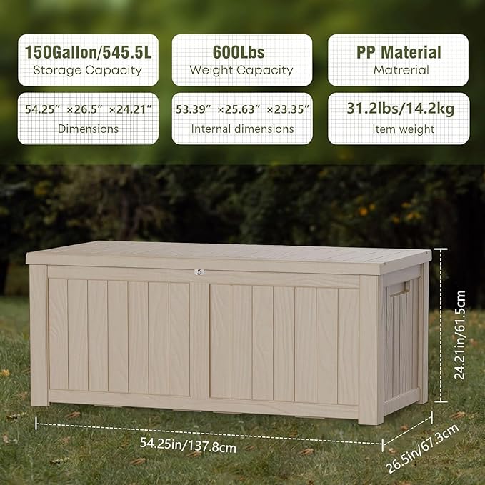 Decksplore 150 Gallon Outdoor Storage Box Waterproof Lockable Resin Deck Box Large, Patio Storage Bin for Pool Accessories Cushion Furniture, Garden Tools, UV-Resistant Outside Delivery Grey