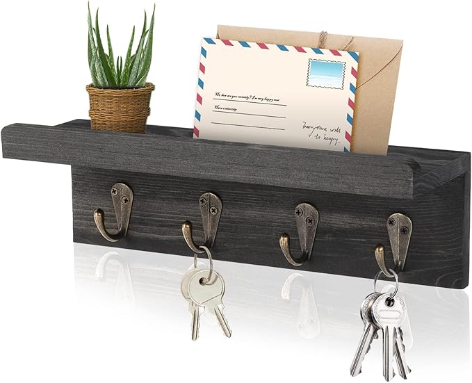 HRONRAD Rustic Key Holder for Wall, Farmhouse Wall Shelf with 4 Hooks, Wall Mounted Key Racks, Wooden Mail Organizer with Hooks for Entryway (Black - Pine)