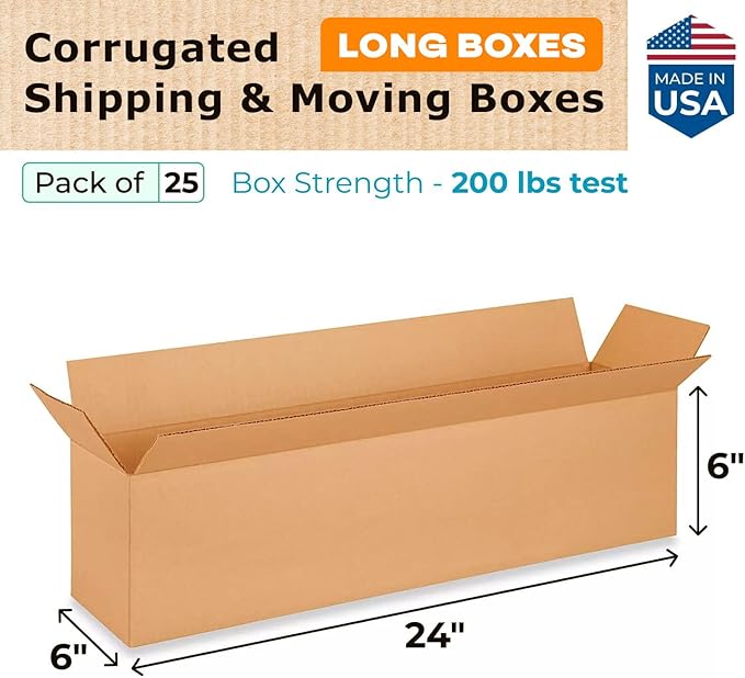 Long Moving & Shipping Boxes 24"L x 6"W x 6"H (25-Pack) - Extra Strength 200 lb vs Regular - Corrugated Heavy Duty Moving Boxes - Cardboard Box for Shipping - Long Box for Packing by IDL Packaging