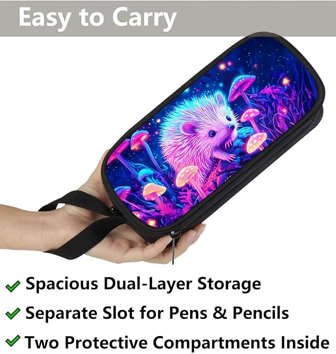 AnySmic Hedgehog Pencil Case for Boys Girls, Large Pencil Pouch for Kids, Polyester Big Capacity Pen Case with 2 Compartments, Double Zipper, Pen Bag Organizer