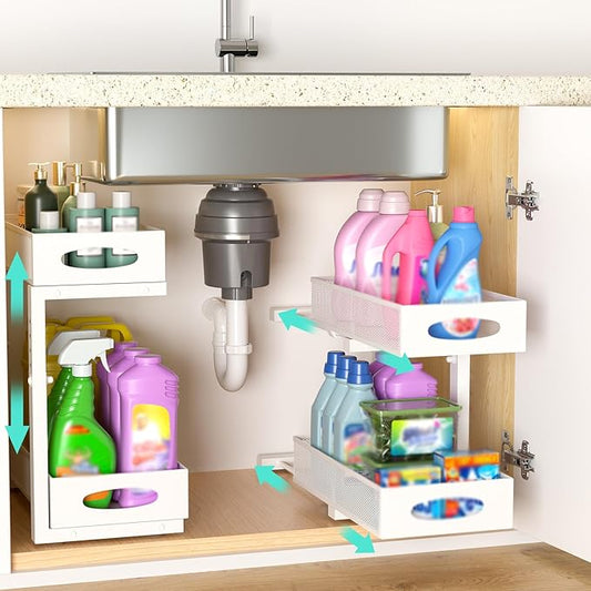 Beleeb Under Sink Organizer, 2 Pack 2 Tier Metal Slide Out Pull Out Cabinet Organizer Shelf, Height Adjustable Organization and Storage Series, Bathroom/Desktop/Cabinet/Kitchen organization, White