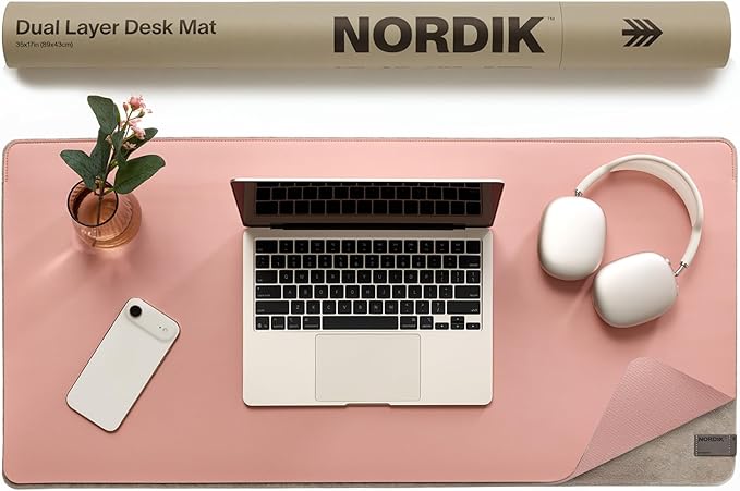 Nordik Felt and Leather Desk Mat - Desert Blush Pink - 35x17 Inch Felt and Vegan Leather Desk Blotter with Document Hideaway - Large Computer Mats for Desktop - Ideal Keyboard Mat for Office and Home