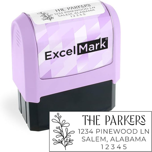 ExcelMark Address Stamp - Custom Return Address Stamp with Elegant Designs, Vibrant Colors & Patterns – Perfect for Mail, Invitations & Gifts (Violet Mount, Foliage Edge)
