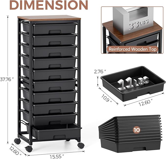SYKIARIOL Rolling Cart with Drawers,10 Drawer Rolling Cart,Rolling storage cart with drawers,Black Rolling Drawer Cart,Teacher Rolling Cart for Classroom Storage,Craft Cart with Wooden Tabletop