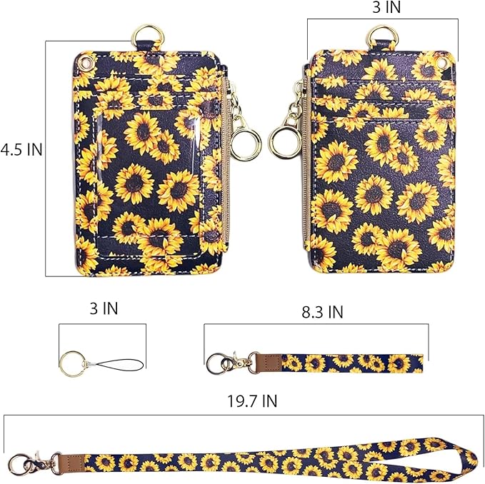 Bolimoss Sunflower ID Badge Holder with Lanyard, Cute Name Badge Holder, Zip ID Case for Work, Office, Nurse, Medical Student, Teacher, Women