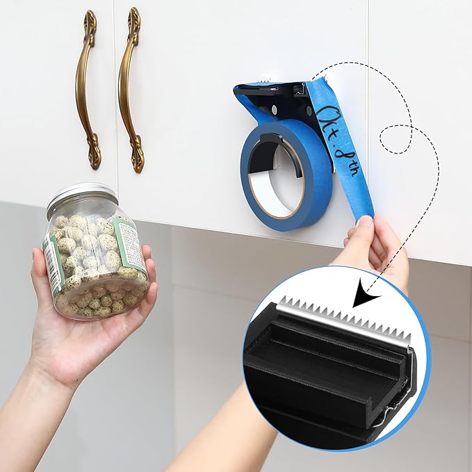 Kitchen Tape Dispenser for Labeling, Fits 0.94" Painter's Tape (3" Core), Wall Mounted Label Tapes Holders with 2 Nails and 2 Hook and Loop Strips for Meal Prep, Food Storage, Office & Home Use
