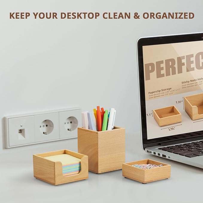 CMLKLZD Desk Organizer Set of 3 - Wood Office Desk Accessories - Desk Organizers and Accessories for Women Men - Set incl. Pencil Pen Holder, Paperclip Storage and Sticky Note Holder