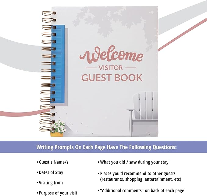 Paper 'n Such Guest Book for Rental House - Vacation Home - Short Term Rentals, Host Essentials, Spiral Hardcover Welcome Log for Airbnbs- 200 Pages (White/Blue)