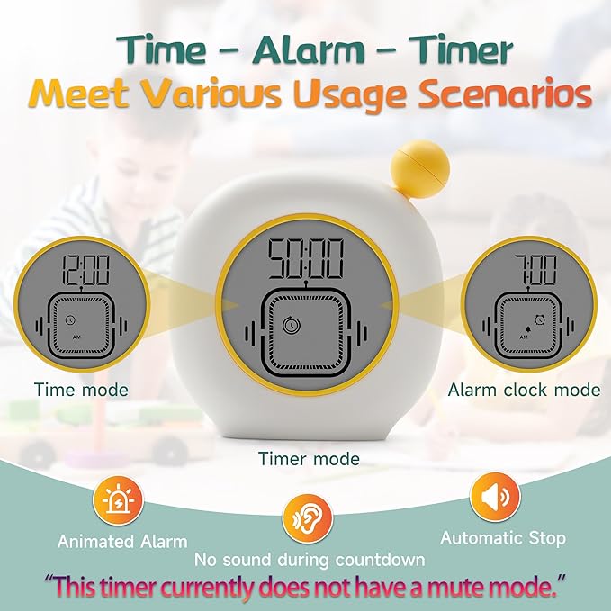 VEWINGL Productivity Timer & Clock with Alarm, Adjustable Desktop Timer for Autism, ADHD, Time Management, Ideal for Work, Study, Tasks, and Kitchen (Yellow)