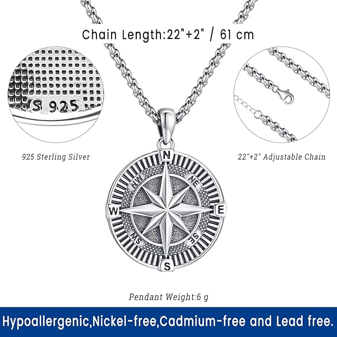 Compass Necklace for Women Men 925 Sterling Silver Pendant Urn Necklaces for Ashes Picture Locket Necklace Anchor Necklace Viking Necklace Crystals CZ Moonstone Abalone Shell Turquoise Compass Jewelry
