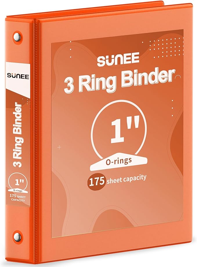SUNEE 3 Ring Binder 1 Inch 1 Pack, Clear View Binder Three Ring PVC-Free (Fit 8.5x11 Inches) for School or Office Supplies, Orange