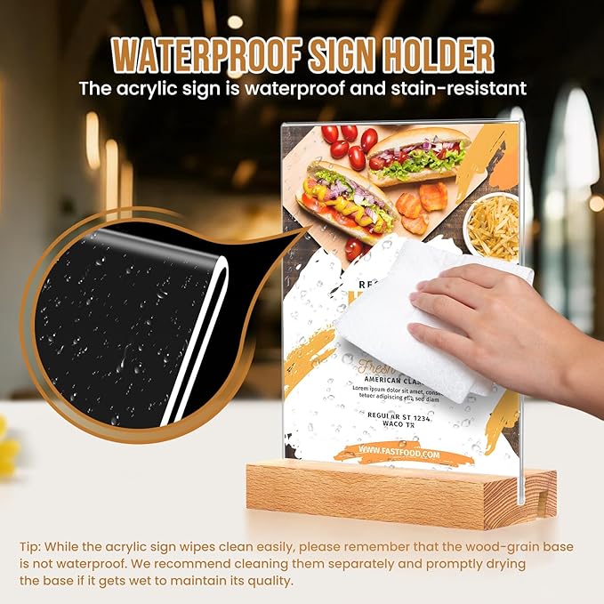 EthPul 16 Pack 5x7 Acrylic Sign Holder with Wood Base Vertical and Slant Displays, Clear Plastic Flyer Display Stand, Paper photo Table Menu Sign Frame Suitable for Restaurants, Office, Store, Hotels