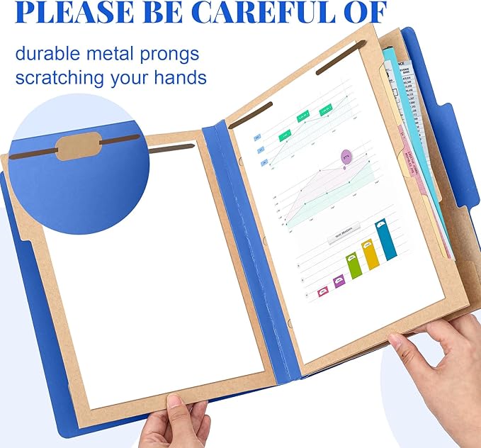 12 Pcs Classification Folders Letter Size 3 Pocket Dividers Employee File Folder with 2 Prongs Fasteners, 2 in Expansion Heavy Duty Pressboard File Holder for School Office Medical Document(Dark Blue)