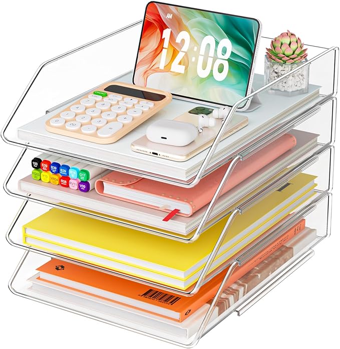 YKLSLH Simple 4 Tier Paper Organizer Letter Tray - Acrylic Stackable Desk File Organizer, Clear Paper Sorter Office Organizer for Letter/A4, Office File Ipad Books Notes Etc