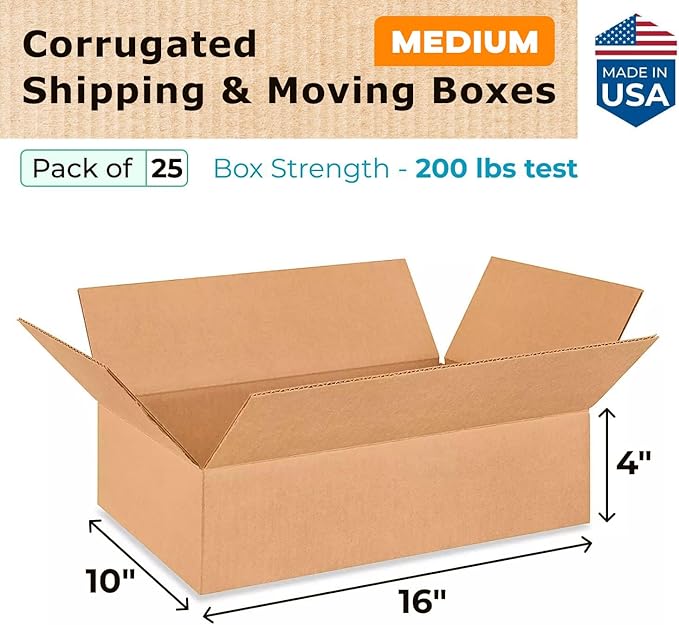 Medium Moving & Shipping Boxes 16"L x 10"W x 4"H (25-Pack) - Extra Strength 200 lb vs Regular - Corrugated Heavy Duty Shipping Boxes - Easy-to-Recycle Packaging Box by IDL Packaging