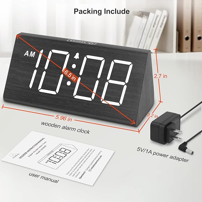 DreamSky Wooden Digital Alarm Clocks for Bedrooms - Electric Desk Clock with Large Numbers, USB Port, Loud Alarm for Heavy Sleepers, Adjustable Volume, Dimmer, DST, Wood Décor Gifts, Adapter Powered