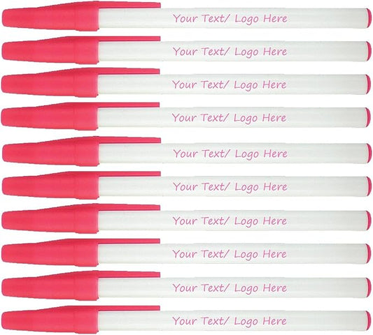 SyPen Personalized Stick Pens With your Custom Logo or Text-500 Pack Bulk-for Businesses, Parties, and Events, Custom Printed Slim Ballpoint Pens with Cap, Pink, Black Ink