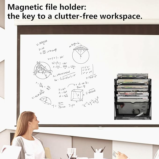 KZWKRG 6 Tier Magnetic File Holder, Large Capacity Mesh Hanging Wall Organizer Vertical Magnetic Hanging File Organizer, Magnetic File Folder Holder for File Cabinets, Office, Whiteboard (Black)
