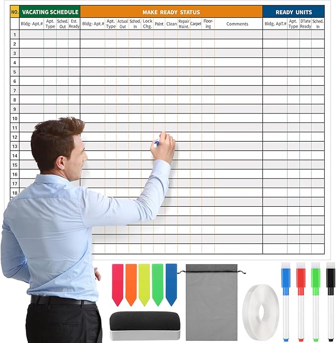 Lincia Extra Large Make Ready Board Property Management Kit, 36 x 45 Inch Make Ready Dry Erase Board with Lines Office Visual Work Checklist Project for Scheduling Tracking Progress