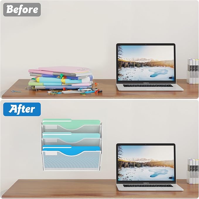 Gawerk 3 Tier Hanging Wall File Organizer, Mesh Mail Paper Orgnization Hanging File Folder Holder for Home Office, White