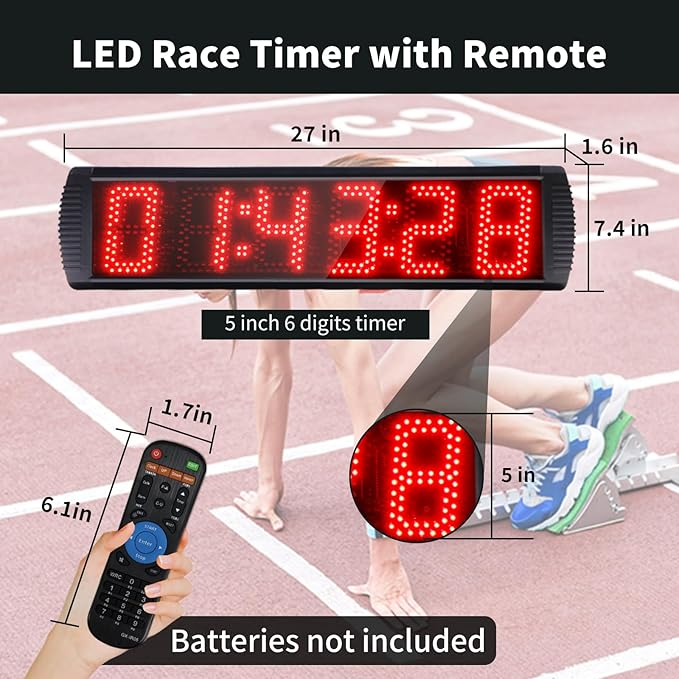 Portable 5 inch High 6 Digits LED Race Clock with for Running Events, Countdown/up Digital Race Timer, 12/24-Hour Clock,LED Stopwatch by Remote Control